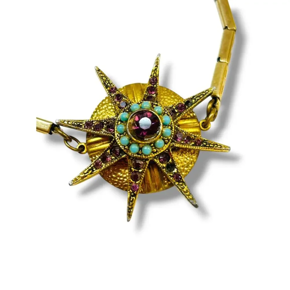 Set of 2 Goldtone Stretch Bracelets Faux Turquoise Starburst Retro Style